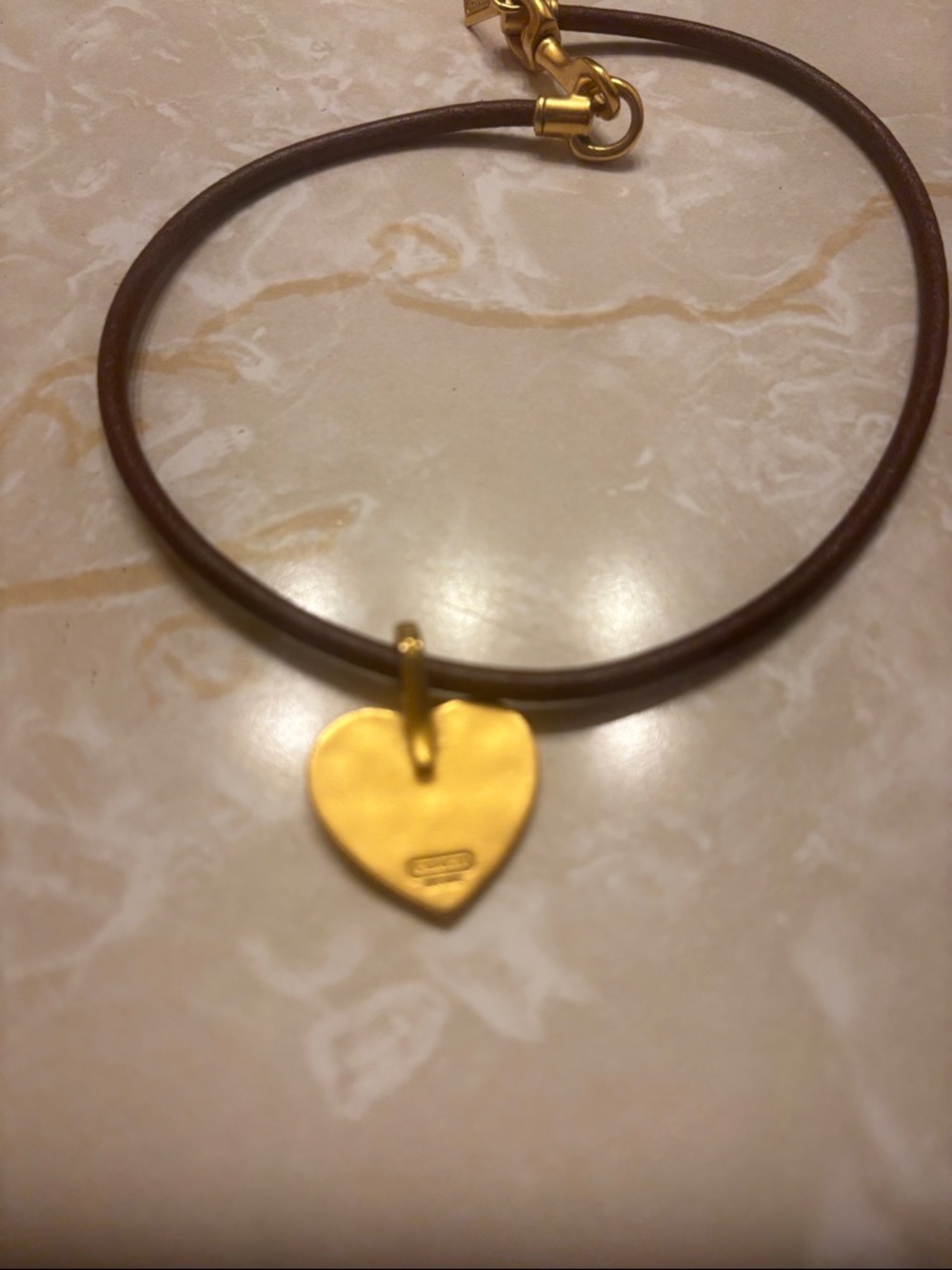 Coach Brown Leather Necklace with Gold Heart Pendant - Picture 3 of 5